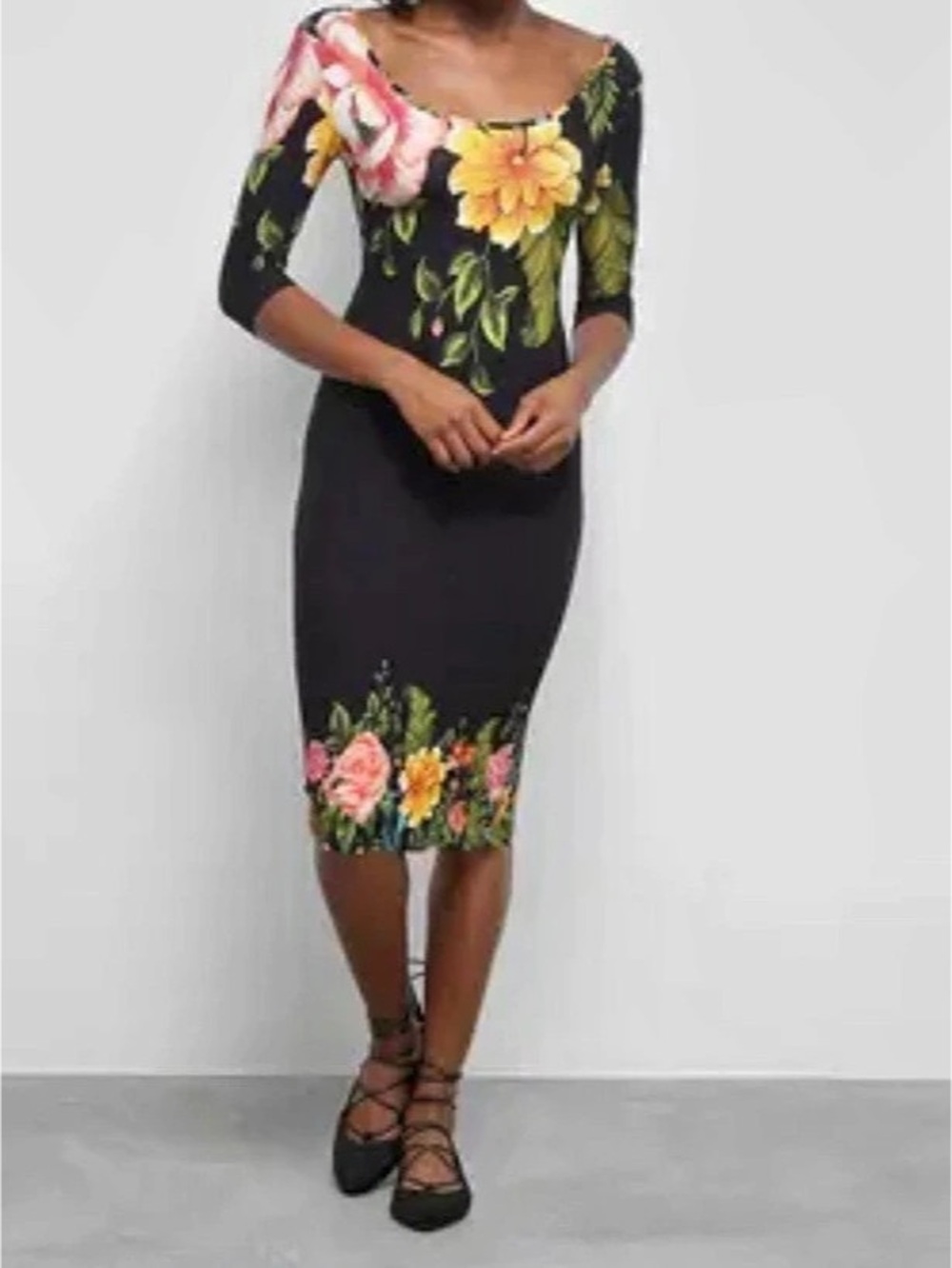 Floral Midi Dress in Black & Multicolor Like New